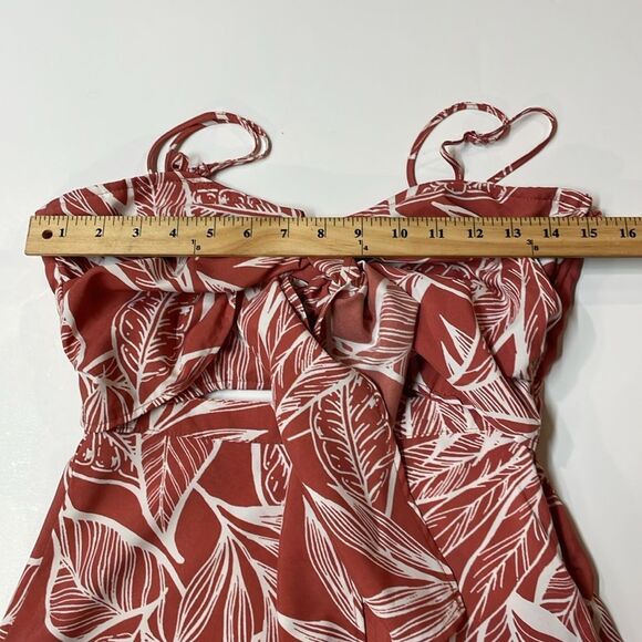 Favlux Women’s Rust Red White Tropical Leaf Print Tie Front Mini Dress Sz S - Picture 5 of 8